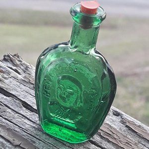 Vintage Glass Bottle with Lid Benjamin Franklin Green Art Glass Dollhouse